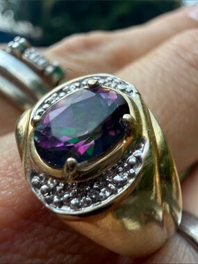 Vintage Estate Solid 10K Yellow Gold Oval Mystic Topaz & Diamond Accent Ring 10